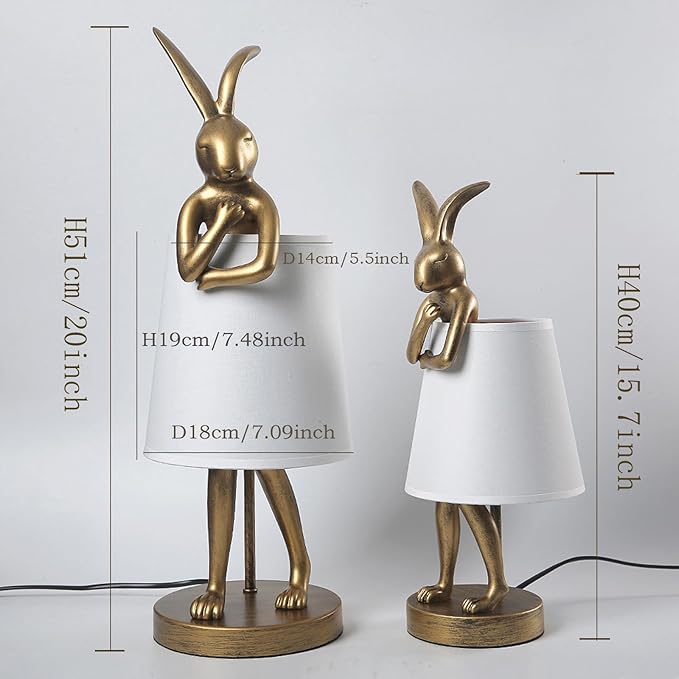 Bunny Table Lamp, Resin Animal Rabbit Lamp, LED Bunny Decor Lamp with Fabric Shade, H20in,Vintage-Style Component,Suitable for Office Bedside (White H20)