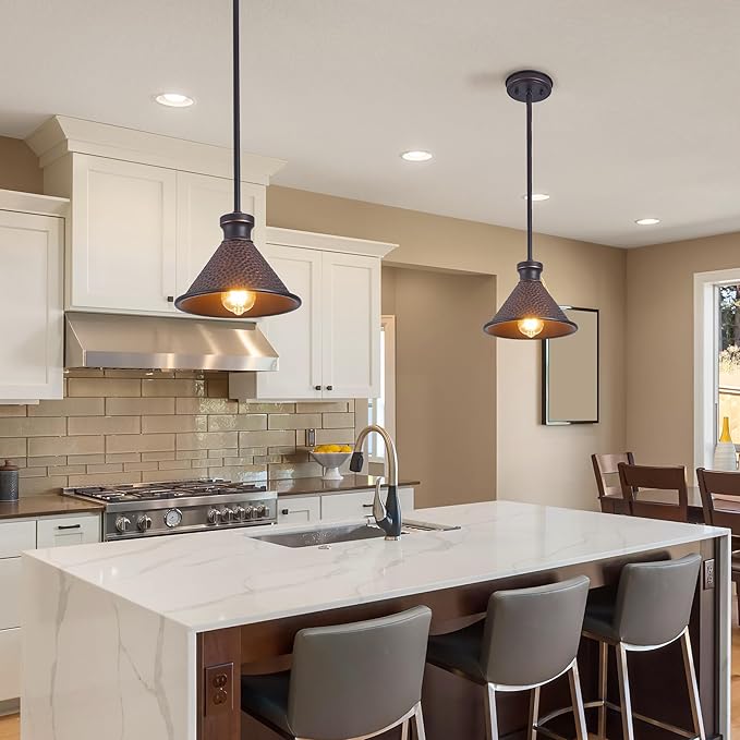 Pendant Light (2 Packs), Kitchen Lights Ceiling Hanging,Oil-Rubbed Bronze Finish, Farmhouse Lighting for Kitchen Island Room,Vintage Hammered Textured Aluminum Shade, Height Adjustable
