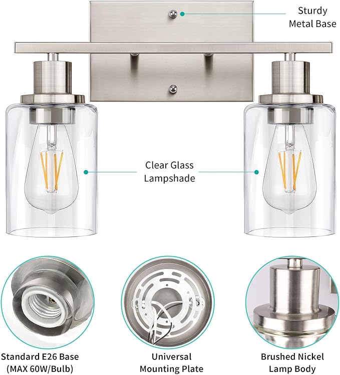 ShineTech 2-Light Bathroom Light Fixtures, Modern Vanity Lights with Clear Glass Shade, Brushed Nickel Bathroom Vanity Light Over Mirror, Living Room
