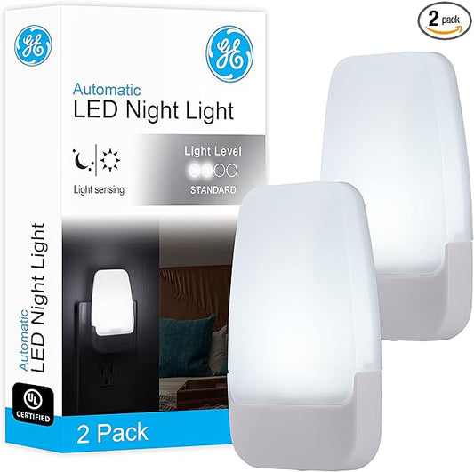GE LED Night Lights Plug Into Wall, Dusk to Dawn Sensor, Ambient Lighting, Dorm Room Essentials, Bathroom Decor, Smart Home, for Bedroom, Cool White, 55991, 2 Pack