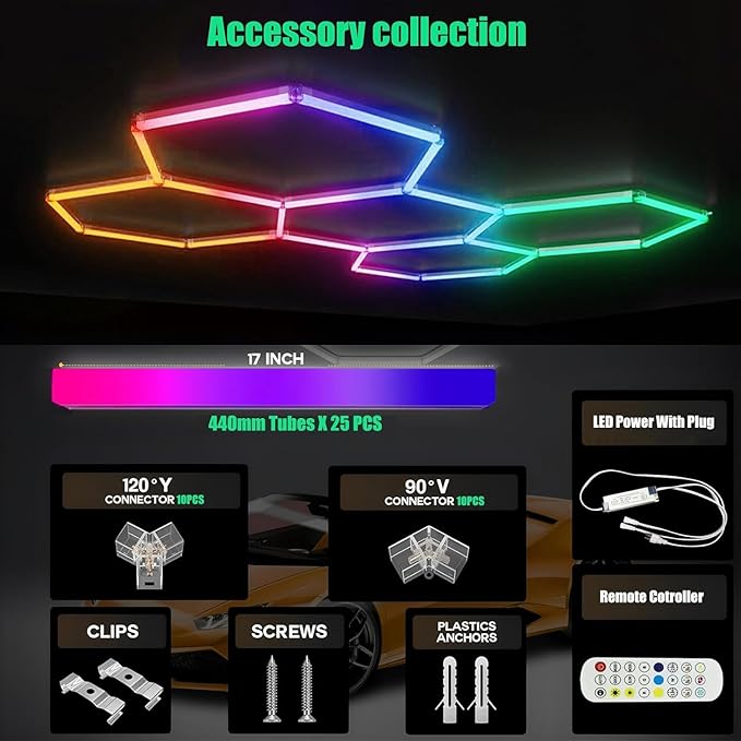 25Pack RGB Hexagon led Garage Lights,5 Hexagon Light with Multi Color,Dimmable&Speed Adjustable RGB Hex Wall Lights,DIY Design for Remote Control & Smart App Control Music Modes