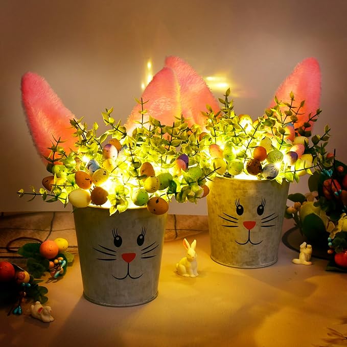 KC&KST 2 Pcs Easter Decorations Indoor Artificial Flower with Bunny Ear, Lighted Bunny Desk Decor with Color Eggs, Perfect Table Decorations for Home & Spring Party Centerpieces(Easter Bunny Flower)