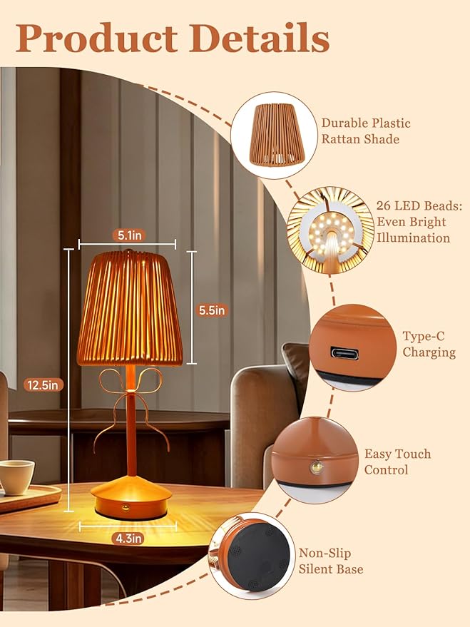 Boho Bow Rattan Table Lamp, Cordless Wicker Woven Vintage Table Lamp - LED Rechargeable Touch Control 3 Color Dimmable Reading Bedside Lamp for Bedroom Living Room Office, Home Outdoor Decor