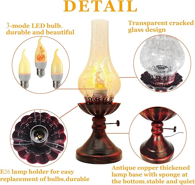 Vintage Table Lamp - 3 Modes Dimmable Retro Rustic Desk Lamp with Crackle Glass Shade, Antique Victorian Style, E26 Bulb Included, Ideal for Bedroom, Living Room, Home Decor (Transparent Glass)