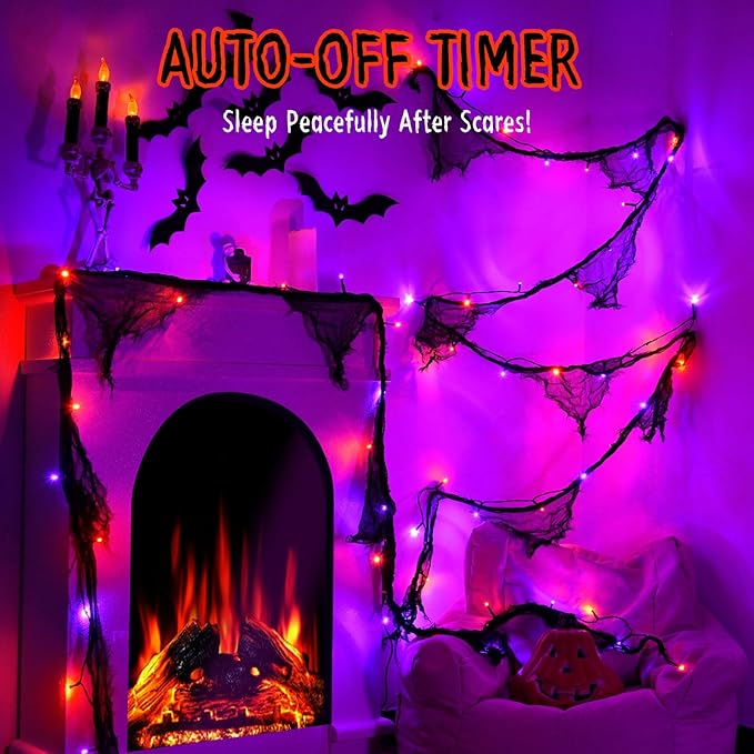 Halloween Lights Battery Operated or USB, Creepy Cloth String Lights with Timer Waterproof 9.8ft 30LED Orange and Purple String Lights Halloween Decortions for Fireplace Window Door Mirror