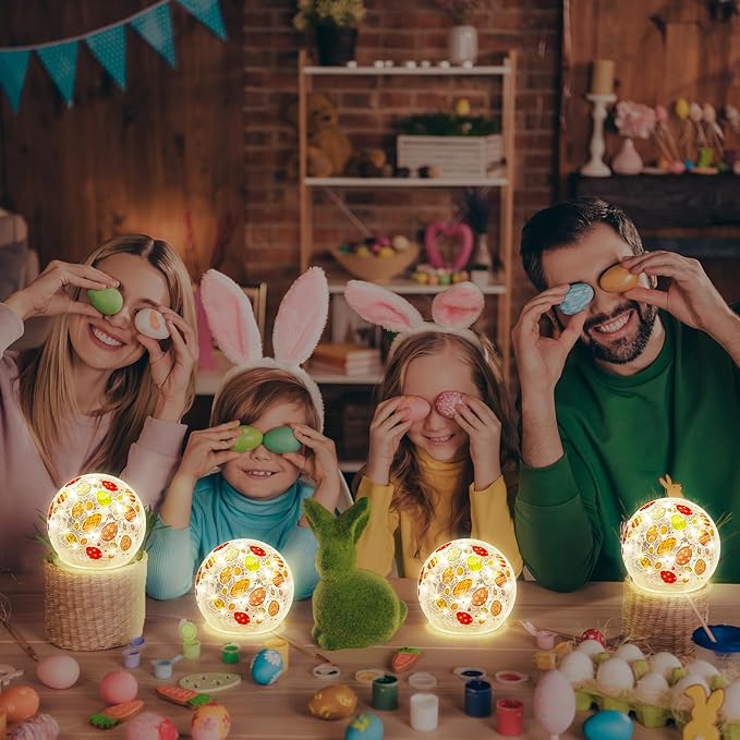 4 Pcs Easter Lighted Decorative Glass Ball 3.9inch Easter Egg Crackle LED Lights for Tabletop Decoration Globe Lamp Battery Operated for Holiday Indoor Party Table Gift