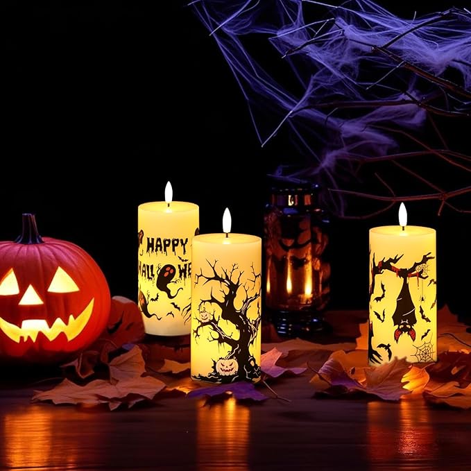 Halloween Decorations Ghost Bat Flameless Halloween Candles with 6H Timer, Battery Operated LED Candles for Halloween Decor Indoor