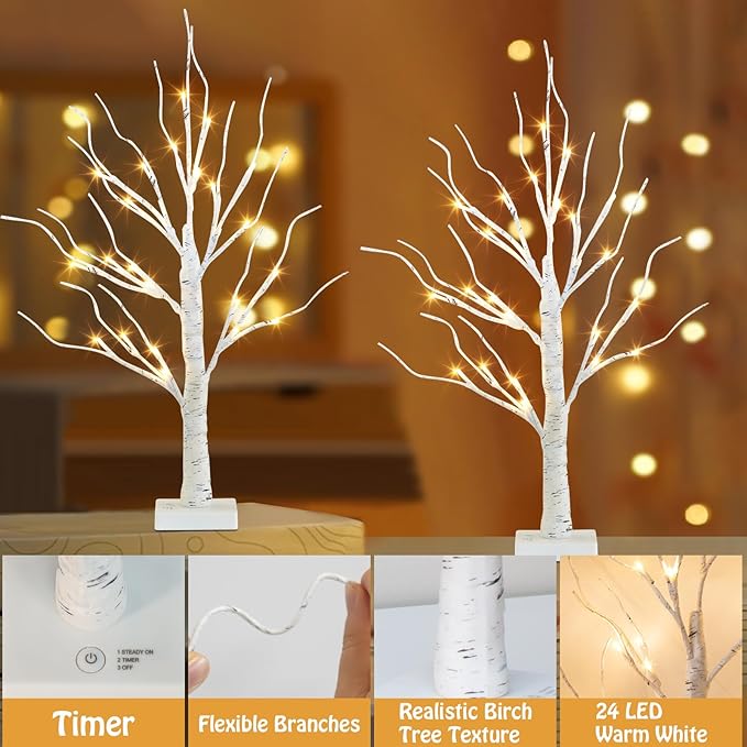 EAMBRITE Lighted Birch Tree Easter Decorations for Home, 2Pack 24 LED Battery Operated/USB Tabletop Mini Small Artificial White Trees with Lights for Christmas Indoor Table Mantel Spring Decor (2FT)