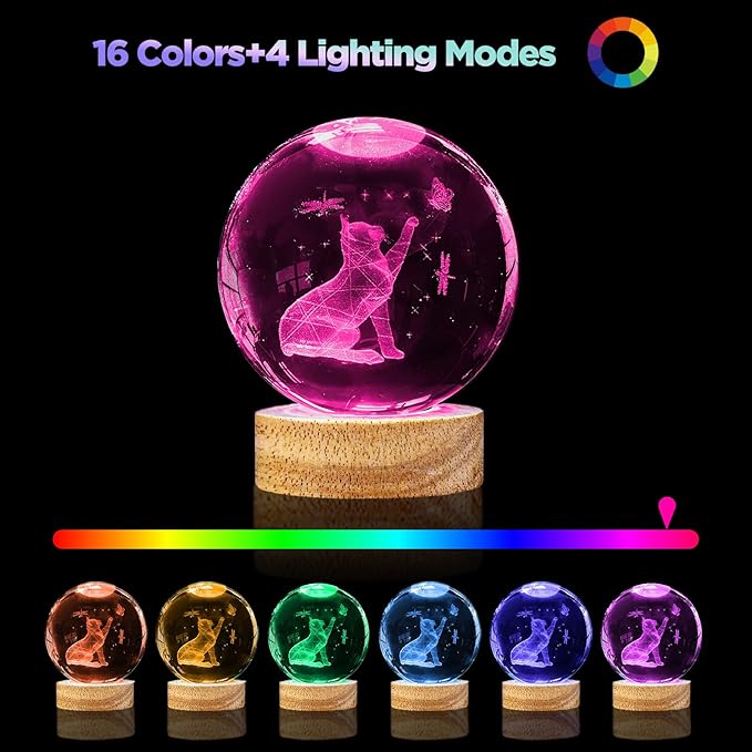 3D Crystal Cat Ball Night Light 3.15in K9 Lamp With 16 Colors Change Wooden Base and Remote Control Christmas Gifts for Cat Lovers Girl Women Friends