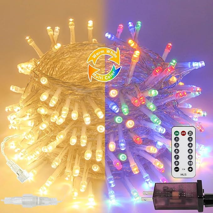 Warm White to Multicolor Color Changing 100 LED 33FT Connectable Christmas String Lights for Outdoor Indoor, 11 Modes Christmas Tree Clear Wire Fairy Waterproof Lights with Memory & Remote & Timer