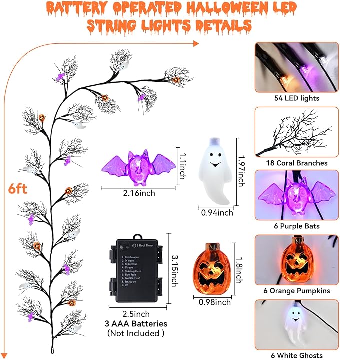6 FT 54 LED Halloween Lights, 8 Modes & Timer Battery Operated Halloween Pumpkins Bats Ghosts Lights with Willow Vine Twig, 3D Waterproof Decorations Lights for Indoor Wall Party Fireplace Mantle