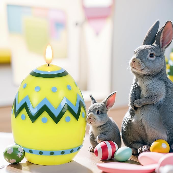 DRomance Easter Flameless Candles Battery Operated with 6 Hour Timer Battery Operated Real Wax Color Painted Easter Egg Shaped LED Flickering Candles Dinner Spring Holiday Decor(Yellow, 2.4"D x 6.3"H)