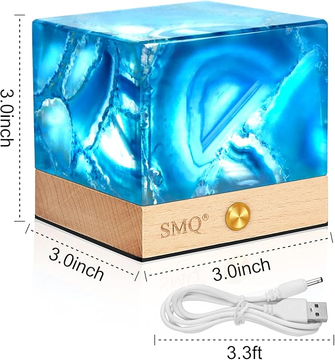 SMQ Blue Agate Crystal Night Light Handmade Polished Healing Crystal Stones Gemstone Square Touch Nightlight Lamp with USB Charging Port for Living Room,Shelf,Office Decor