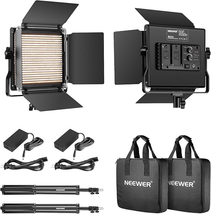 NEEWER 2 Pack Bi Color 660 LED Video Light and Stand Kit: (2) 3200-5600K CRI 96+ Dimmable Light with U Bracket and Barndoor, (2) 75 inches Light Stand for Studio Photography, Video Recording (Black)