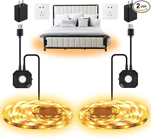 Motion Activated LED Strip Lights, 2x9.8Ft Warm White LED Strip Motion Sensor Under Bed Lights with Auto Shut-Off Timer, USB Powered Motion Sensor Light Strips Indoor for Bedside Cabinet Stair Closet
