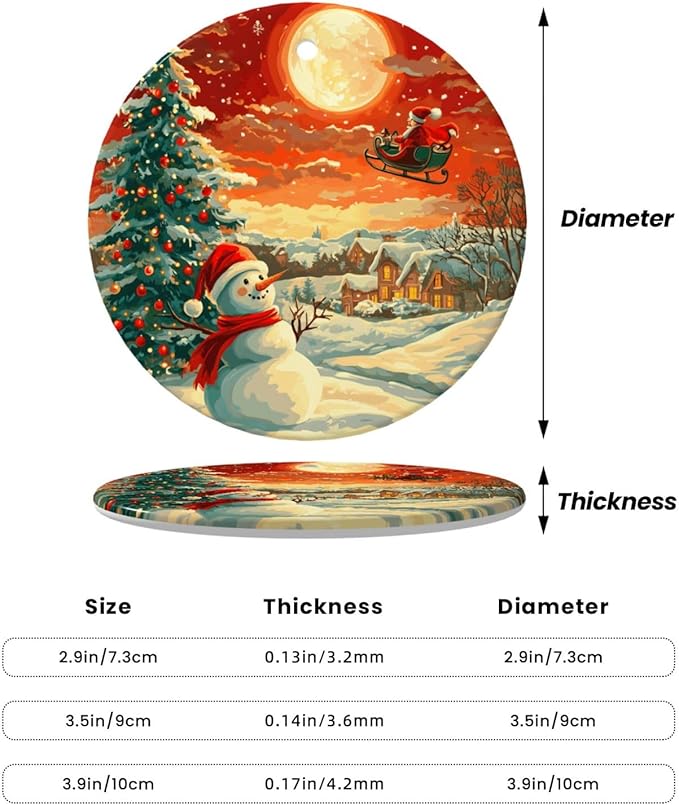 Merry Christmas Snow Scene Santa Claus Christmas Ornaments, Christmas Decorations Xmas Tree Hanging Ornaments, Round Ceramic Festive Keepsake Gift for Xmas Decorations Holiday Home Decor