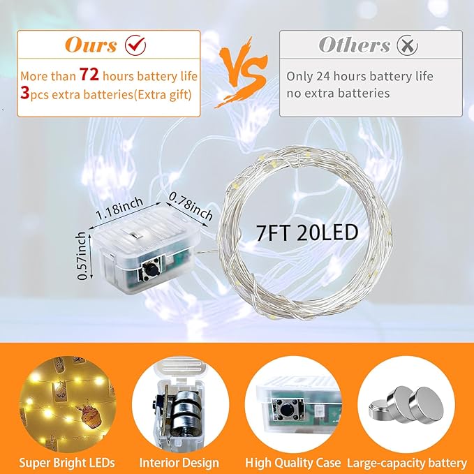 50 Pack Orange Fairy Lights 7Ft 20 LED Twinkle String Lights 3 Modes Battery Operated Waterproof Firefly Starry for Mason Jar Party Wedding Christmas Valentines Day Table Centerpieces