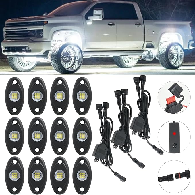 12pods White Rock Lights 12v Aluminum 6000k Super Brights Led Rock Light For Trucks With Switch Ip68 Waterproof For Utv Atv Suv Rzr Rv Trucks Pickup Car Automotive Neon Accent Light Kits