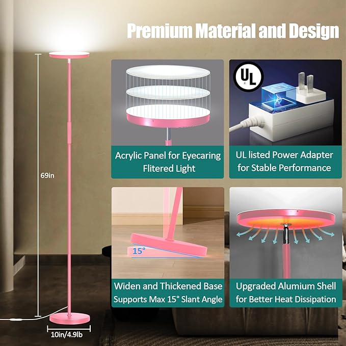 Floor Lamp, Upgraded 40W 4000LM Super Bright Torchiere LED Floor Lamps for Living Room, Stepless Dimmable Color Temperature 2700K-6500K with Remote & Touch Control, Standing Light (40W Pink)
