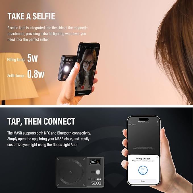GODOX MA5R LED Fill Light with Soft Diffuser Magnetic Charging Phone Selfie Lighting Mini on Camera Lights 1800K-10000K 14 FX Modes for Selfies, YouTube, TikTok, Vlogging, Video Conferences (Black)
