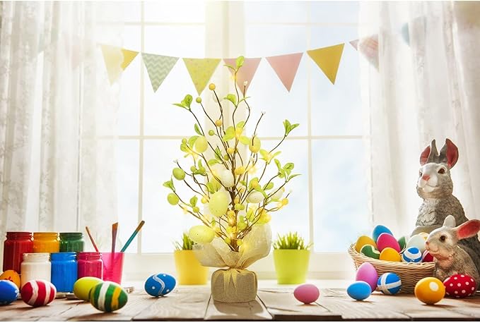 RoseCraft Easter Decorations, 18 Inch Pre-Lit Easter Egg Tree Tabletop Decor with Delicate Ornaments, for Home Party Wedding Holiday Spring Summer Decoration, Yellow/White.