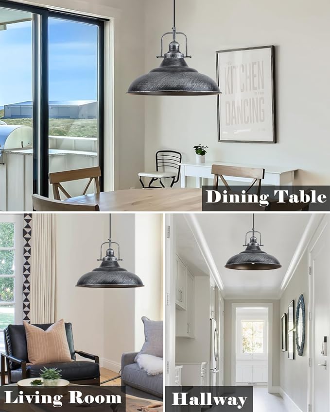 16 Inch Farmhouse Pendant Lights, Black and Silver Pendant Light Kitchen Island, Large Industrial Pendant Lights, Vintage Farmhouse Pendant Light for Kitchen Island, Dining Room (2 Pack)