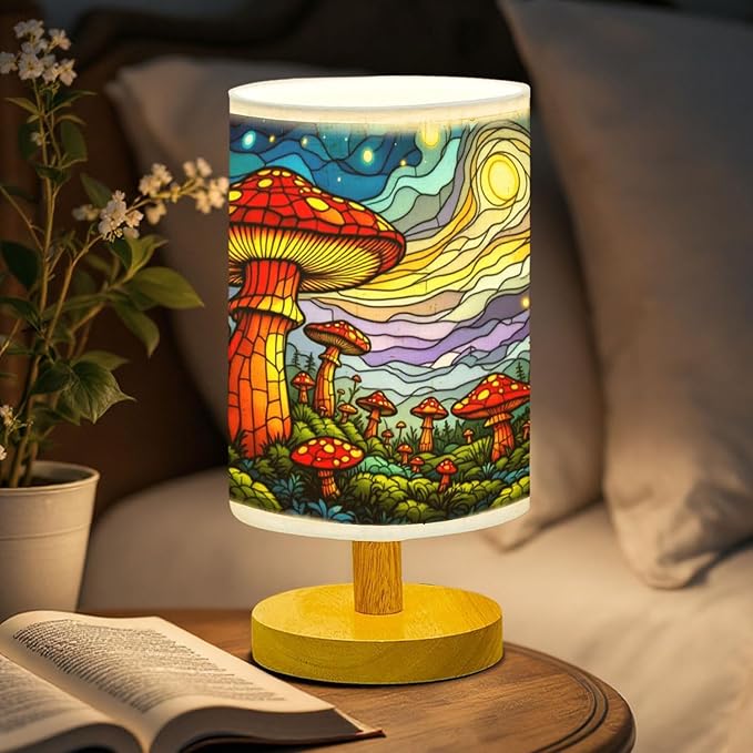 Mushroom Forest Table Lamp LED 3-Color Pressed Bedside, Mushroom Forest Shade Lamp with Wood Base for Bedroom Living Room Desk Office TL01