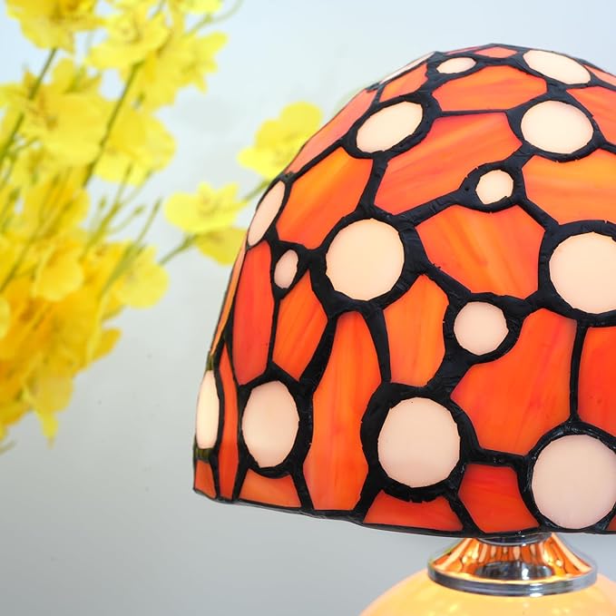 Orange Mushroom Lamp Bedroom Bedside retro Decor Art Nightstand unique Led Small Night Light Unique Esthetic Cute Kids Girls Vintage Home Ceramic Desk Tiffany Style Stained Glass Table Lamps