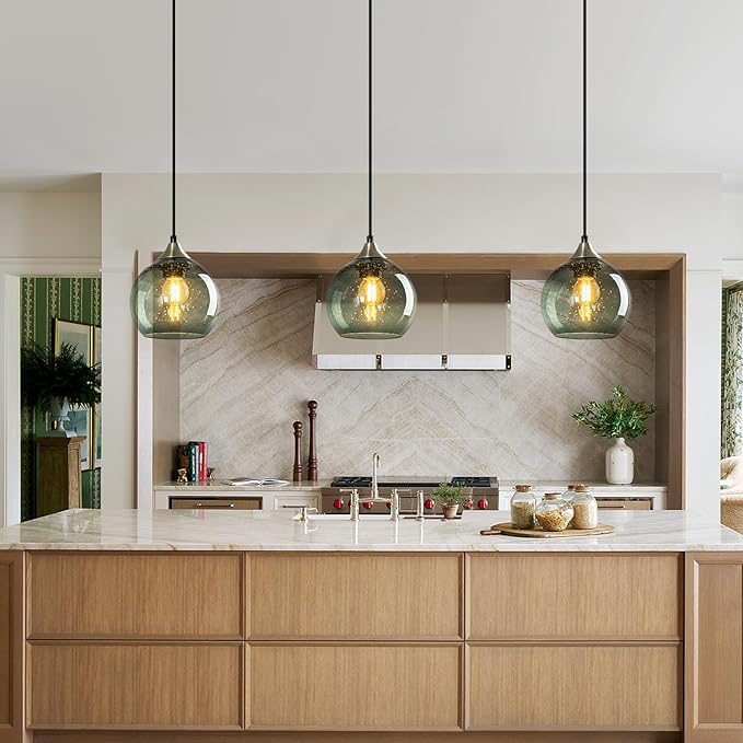 Gray Green Glass Pendant Lights Kitchen Island Lighting Globe Pendant Light Fixtures Modern Pendant Lighting for Kitchen Island Bedroom Living Dining Room Light Fixture(5.9in, 3-Pack)
