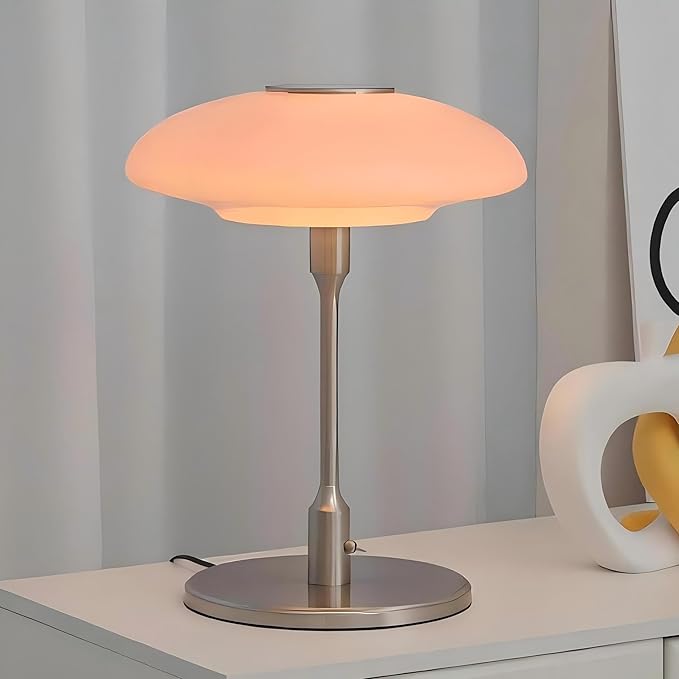 LIGHTLAND Nordic Medieval Table Lamp, Vintage Metal Glass Bedside Lamp with Toggle Switch and 3 Color Light Bulbs, Decorative Table Lamp for Study Bedroom Living Room (Pink+Chrome, 12.6 * 16.5 Inch)