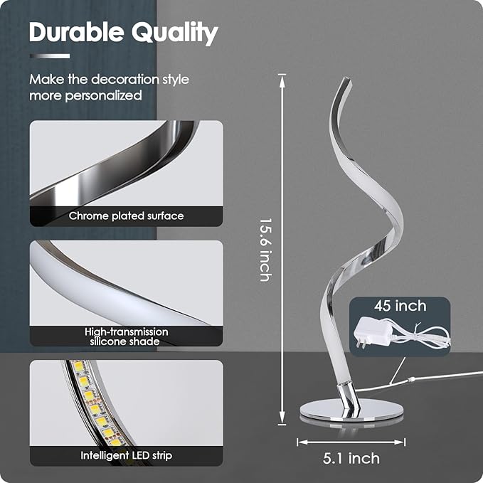 Yarra-Decor Modern Spiral Bedside Lamp - 3 Colors Touch Control LED Table Lamp, Stepless Dimmable Nightstand Lamps for Bedroom Living Room & Office(3000K 4000K 5000K)