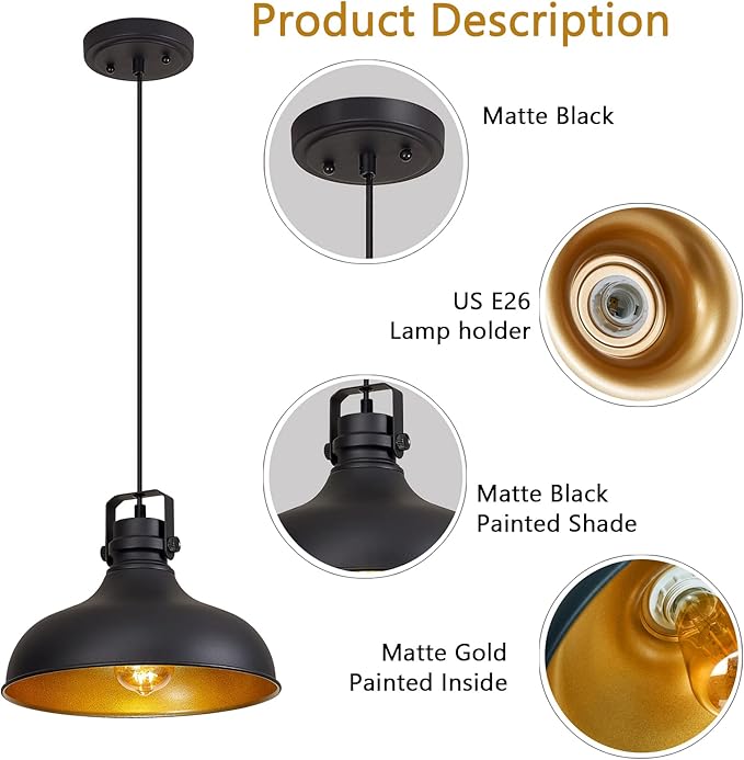 Black Farmhouse Pendant Lights Matte Pendant Lighting for Kitchen Island Industrial Adjustable Height Vintage Dome Hanging Light Fixtures for Barn, Dining Room 2 Packs