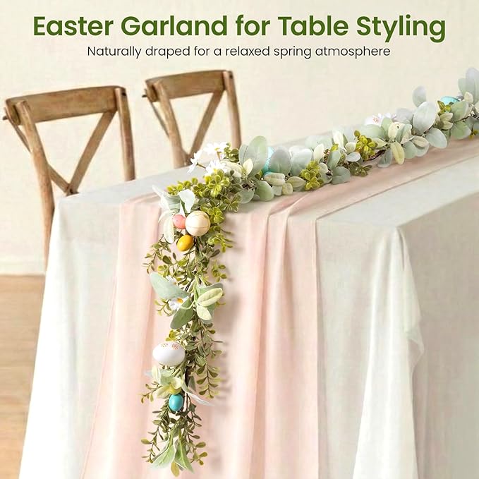 6FT Prelit Easter Garland with LED Lights & Timer, Battery Operated Easter Decorations with Daisies & Pastel Eggs, Artificial Lambs Ear Greenery for Mantle & Fireplace – Farmhouse Easter Egg Garland