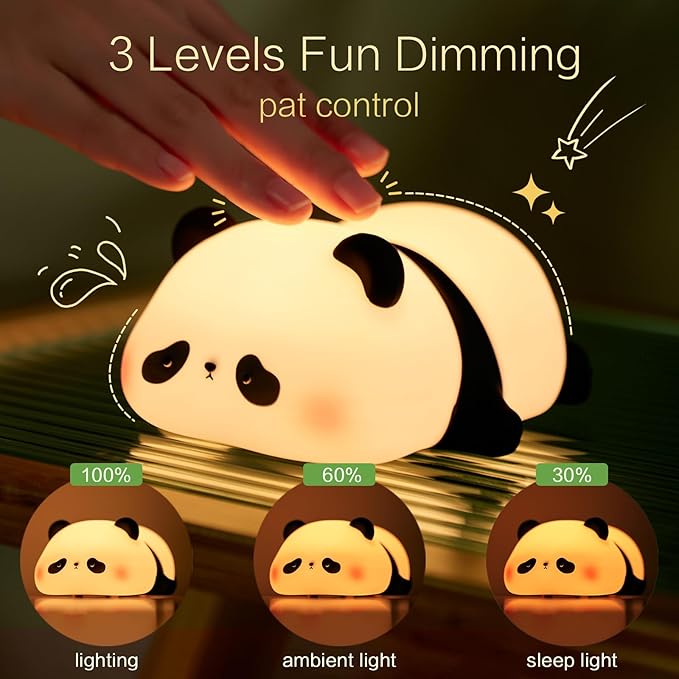 Panda Cute Night Light, Squishy Panda Kids Lamp, Rechargeable Dimmable Animal Light Decor, Pandas Gifts, College White Elephant Gift, LED Touch Nightlight for Baby Boy Girl, Safe Silicone