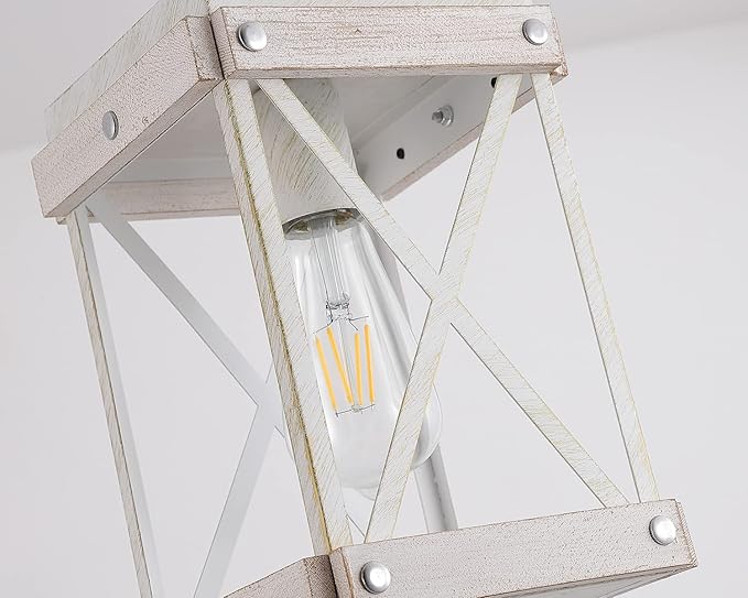 Fivess Lighting Modern Farmhouse Antique White Distressed Pendant Light with Wood and Metal Cage, One-Light Adjustable Chains Rustic Mini Pendant Lighting Fixture for Kitchen Island Cafe Bar