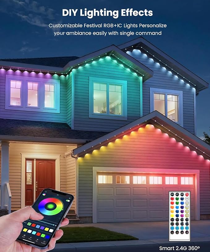EJ's SUPER CAR Permanent Outdoor Lights, 100ft Smart Eave Lights with RGB LED Light, IP67 Waterproof, App Control, DIY RGB Light for House Halloween Decorations