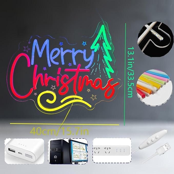 Christmas Neon Sign, Green Tree Shape with 'Merry Christmas' Lettering, LED Holiday Decoration for Indoor Home Wall/Tabletop