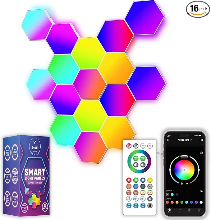 16-Pack Hexagon RGB LED Wall Lights – Modular Smart Light Panels with App & Remote Control, Music Sync & Dynamic Effects – DIY Gaming Room, Bedroom & Home Decor Lighting