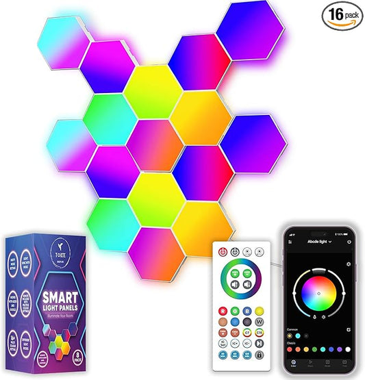 16-Pack Hexagon RGB LED Wall Lights – Modular Smart Light Panels with App & Remote Control, Music Sync & Dynamic Effects – DIY Gaming Room, Bedroom & Home Decor Lighting