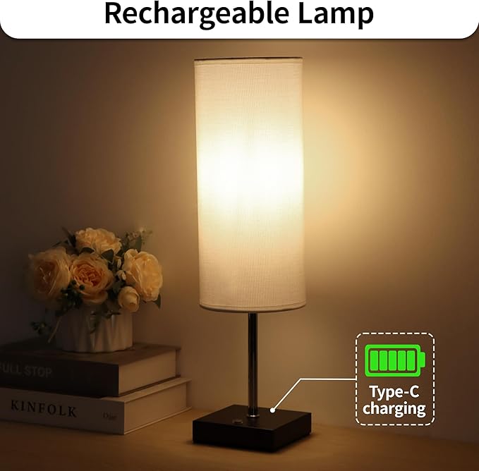 18Inch Cordless Lamp Table Lamps set of 2, 5000mAh Rechargeable Beside Table Lamp for Living Room, 2700K Battery Operated Small Bedroom Desk Lamp for Night Stand White Shade for Home（Bulb Included）