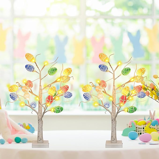 Easter Decorations 2 Pcs 24 Inch Pre-Lit White Birch Tree with 36 Eggs, 24 LED Battery Operated Tree Lights for Party, Home, Dining Table, Easter, Spring Decor