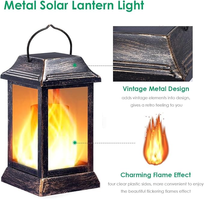 TomCare Solar Lights Metal Flickering Flame Solar Lantern Outdoor Hanging Lanterns Lighting Heavy Duty Solar Powered Waterproof LED Flame Lights for Patio Garden Christmas Decorations, 4 Pack (Bronze)