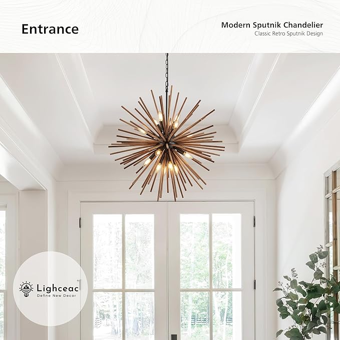 31.3" Farmhouse Sputnik Chandelier for Dining Room Rustic Handmade Natural Wood 16-Light Hanging Ceiling Pendant Light Fixture Starburst Wood Chandeliers for Kitchen Bedroom Foyer Hallway