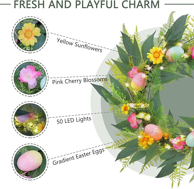 20 Inchs Easter Wreath for Front Door, Decor with Easter Eggs, Flowers & Leaves, Come with Hanger/Hook, 50LED Lights, Timer, for Outdoor Indoor Wall Window, for Spring Summer Hoilday, Gift
