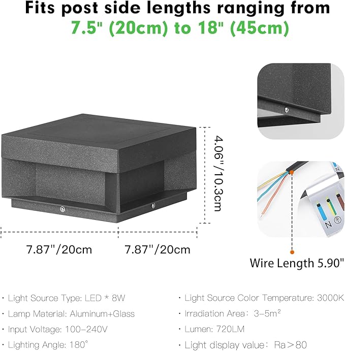 Outdoor Modern Post Light,7.87" Square Column Lamp LED Fence Deck Post Caps Lights Waterproof 3000K Luxry Pillar Lighting Outside High Voltage Wired for Flat Surface Patio Garden Decoration