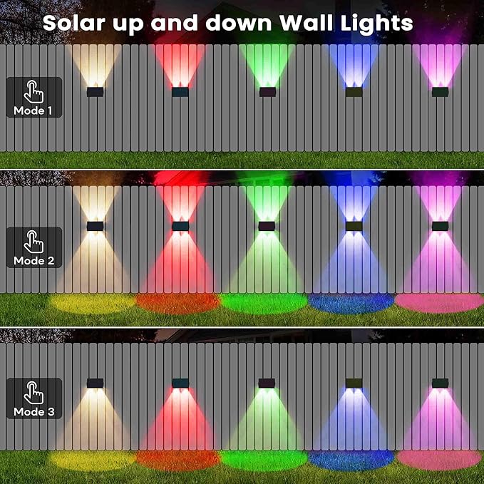 Fence Lights Solar Powered, 6-Pack Solar Fence Lights Up/Down Flexible Buttons, IP67 Waterproof for Outdoor, 100LM Bright, Auto Dusk to Dawn for Wall/Stairs/Yard/Railing/Deck/Pathway (White & RGB)