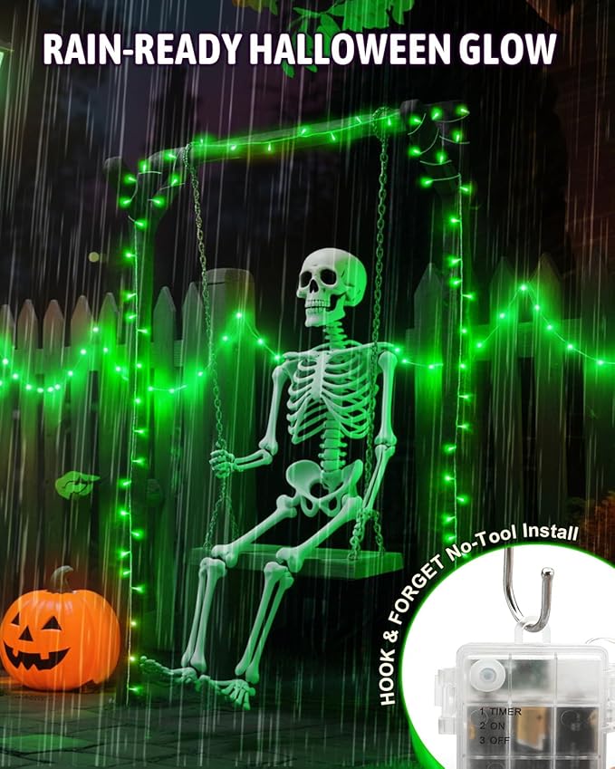 Halloween Lights Battery Operated, Green Fairy Lights with Timer Waterproof 16.4ft 50 LED Halloween Decorations for Outdoor Indoor Patio Home Party Garden Yard Decor