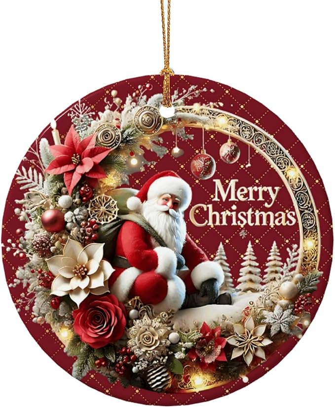 Merry Christmas Santa Claus Wreath Christmas Ornaments, Christmas Decorations Xmas Tree Hanging Ornaments, Round Ceramic Festive Keepsake Gift for Xmas Decorations Holiday Home Decor