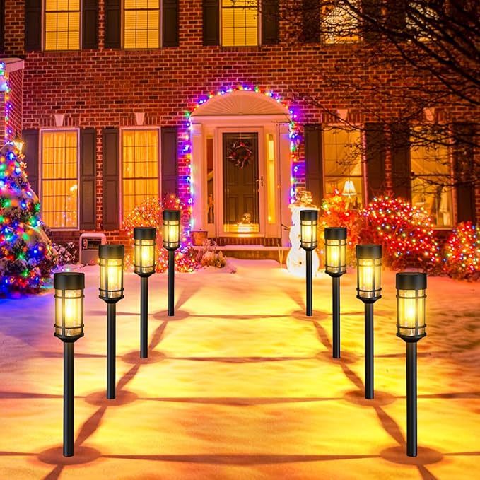 8 Pack Solar Pathway Lights Outdoor, Waterproof Solar Lights Outdoor with Metal & Glass - Auto On/Off, Long-Lasting, Landscape Lighting Garden Decor for Yard, Lawn, Driveway, Walkway