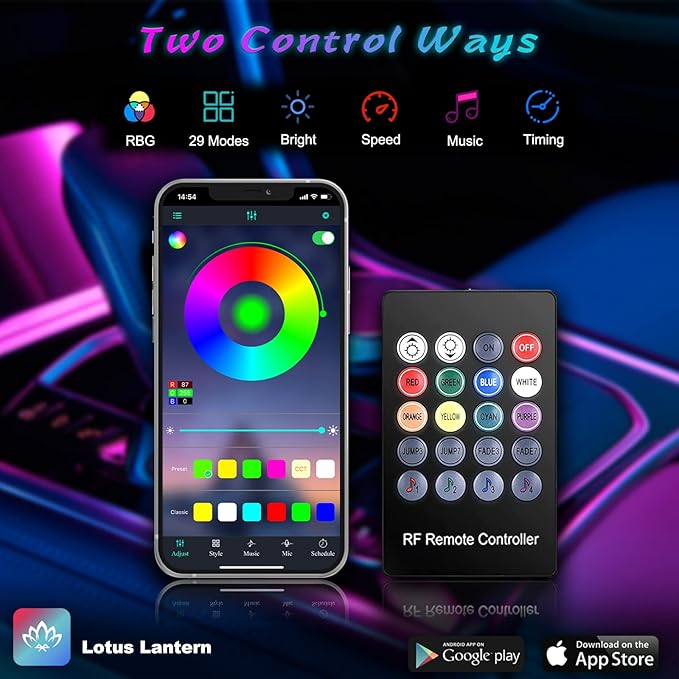 Interior Car LED Strip Lights with Wireless APP and Remote Control, RGB 5 in 1 Ambient Lighting Kits with 236 inches Fiber Optic, 16 Million Colors Car Neon Lights, Sync to Music